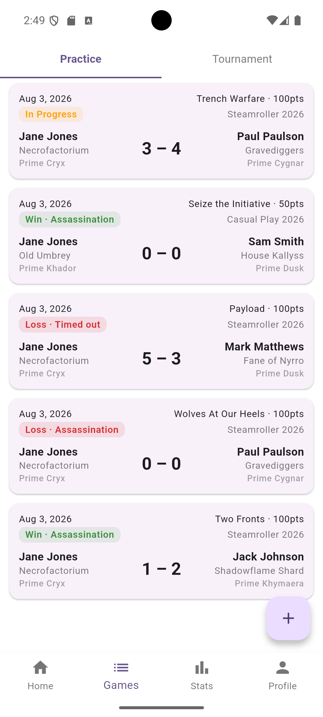 Games tab showing practice and tournament history