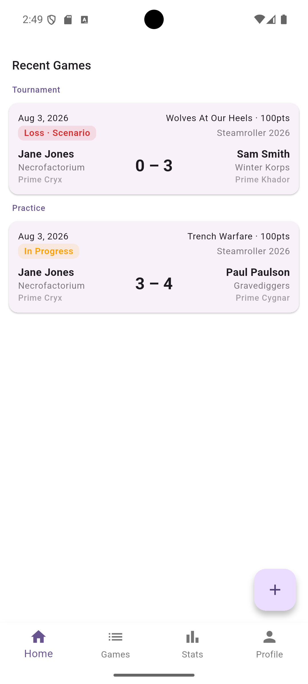 Home tab showing recent games