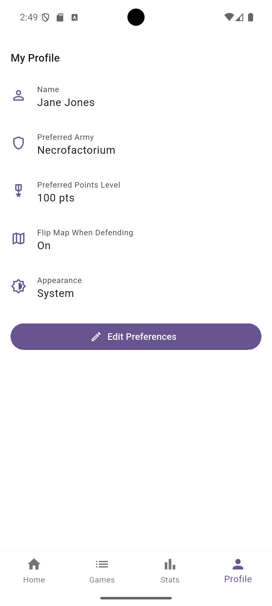 Profile tab showing preferences